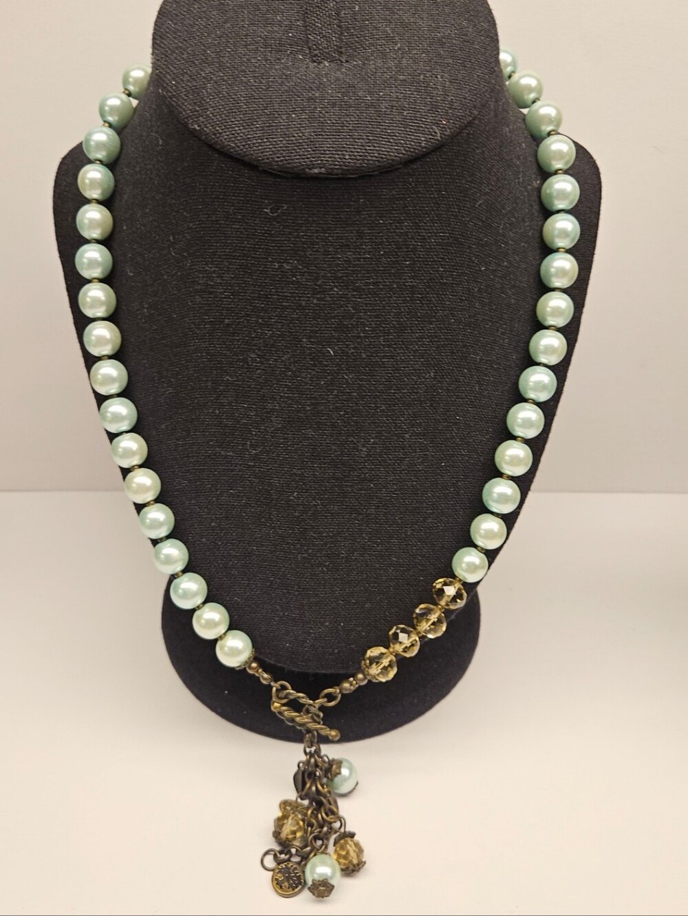 Plunder Florence Light Blue Pearl Necklace with Amber/Gray Crystal Accents